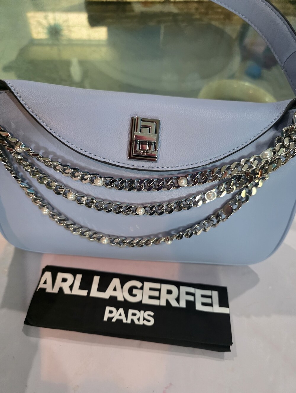 New Karl Lagerfeld Powder Blue Shoulder Bag with Silver Chain Detail